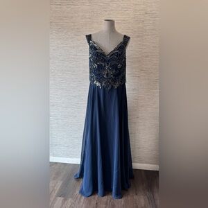 Xscape Navy and Silver Embellished Gown